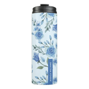 Elegante Waterverf  Blauw Bloemen Monogram Thermosbeker