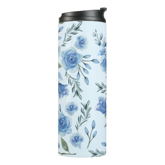Elegante Waterverf  Blauw Bloemen Monogram Thermosbeker (Gedraaid links)