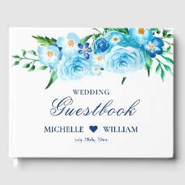 Elegante Waterverf Blauw Bloemen Wit Bruiloft Gastenboek