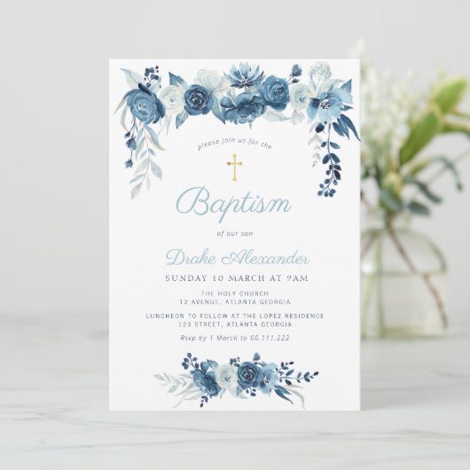 Elegante waterverf blauw bloemendoop kaart (Staand voorkant)