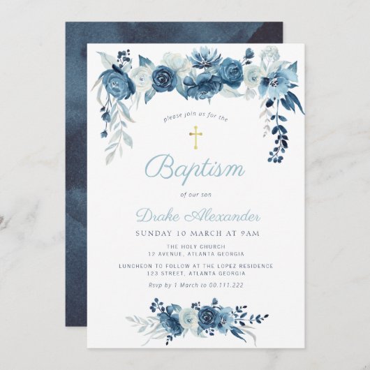 Elegante waterverf blauw bloemendoop kaart (Voorkant / Achterkant)