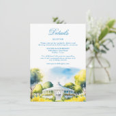 Elegante Waterverf Blauw Bruiloft Receptie Details Informatiekaartje (Staand voorkant)