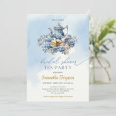 Elegante waterverf blauw en gouden theefeest kaart (Staand voorkant)