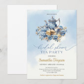 Elegante waterverf blauw en gouden theefeest kaart (Voorkant / Achterkant)