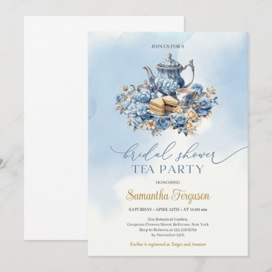Elegante waterverf blauw en gouden theefeest kaart (Voorkant / Achterkant)