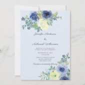 Elegante Waterverf Blauw en Ivoor Rozen Bruiloft Kaart (Voorkant)