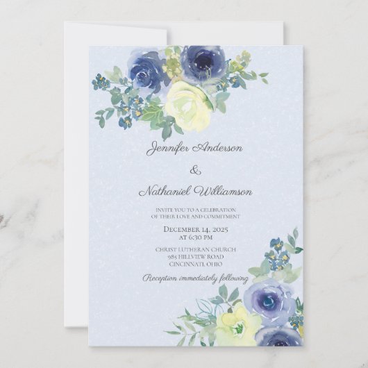 Elegante Waterverf Blauw en Ivoor Rozen Bruiloft Kaart (Voorkant)