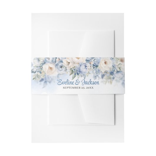 Elegante waterverf blauw en ivoor rozen eucalyptus uitnodigingen wikkel (Voorkant Voorbeeld)