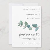 Elegante Waterverf Blauw Eucalyptus Script bruilof Save The Date (Voorkant)