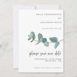 Elegante Waterverf Blauw Eucalyptus Script bruilof Save The Date