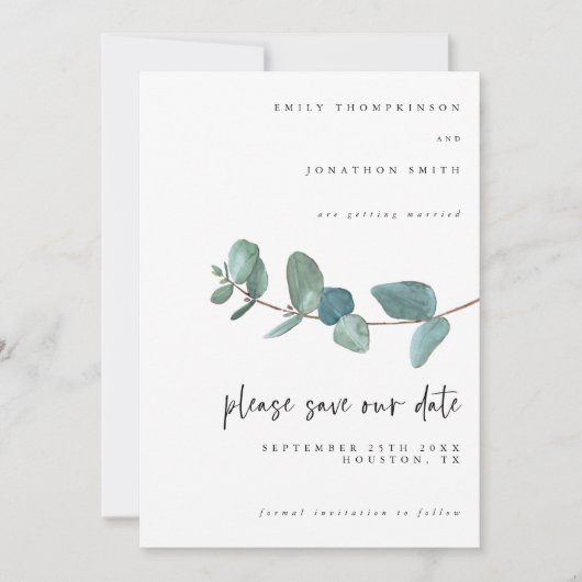 Elegante Waterverf Blauw Eucalyptus Script bruilof Save The Date (Voorkant)