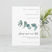 Elegante Waterverf Blauw Eucalyptus Script bruilof Save The Date (Staand voorkant)