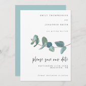 Elegante Waterverf Blauw Eucalyptus Script bruilof Save The Date (Voorkant / Achterkant)