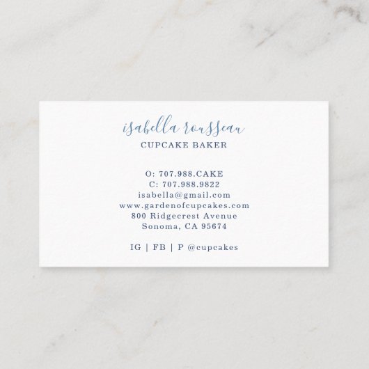 Elegante Waterverf Blauw Glitter Bloemen Cupcake Visitekaartje (Achterkant)