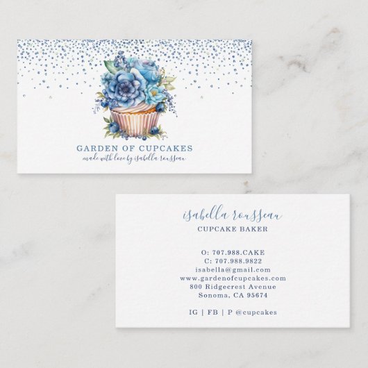 Elegante Waterverf Blauw Glitter Bloemen Cupcake Visitekaartje (Voorkant / Achterkant)