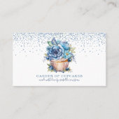 Elegante Waterverf Blauw Glitter Bloemen Cupcake Visitekaartje (Voorkant)