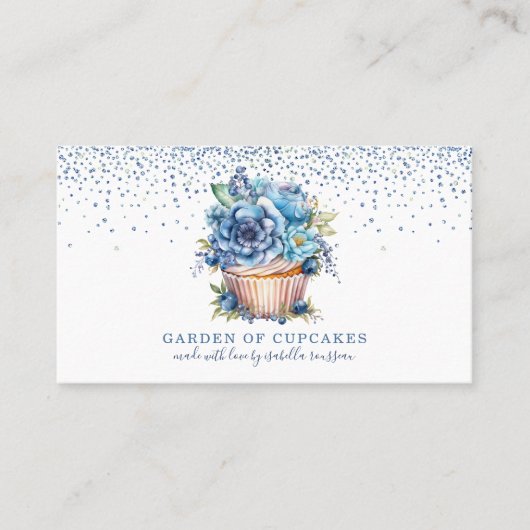 Elegante Waterverf Blauw Glitter Bloemen Cupcake Visitekaartje (Voorkant)