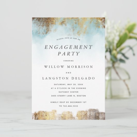 Elegante Waterverf Blauw Goud Verlovingsfeest Kaart (Staand voorkant)