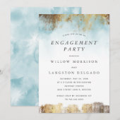 Elegante Waterverf Blauw Goud Verlovingsfeest Kaart (Voorkant / Achterkant)