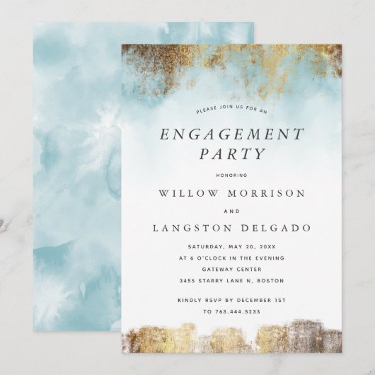 Elegante Waterverf Blauw Goud Verlovingsfeest Kaart (Voorkant / Achterkant)
