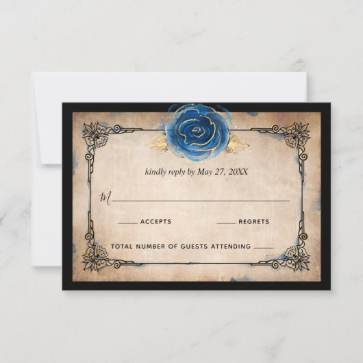 Elegante Waterverf Blauw Roos Gouden Rustieke Brui RSVP Kaartje (Voorkant)