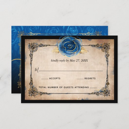 Elegante Waterverf Blauw Roos Gouden Rustieke Brui RSVP Kaartje (Voorkant / Achterkant)