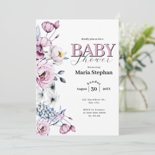 Elegante Waterverf blauw roze Floral Baby shower Kaart (Staand voorkant)