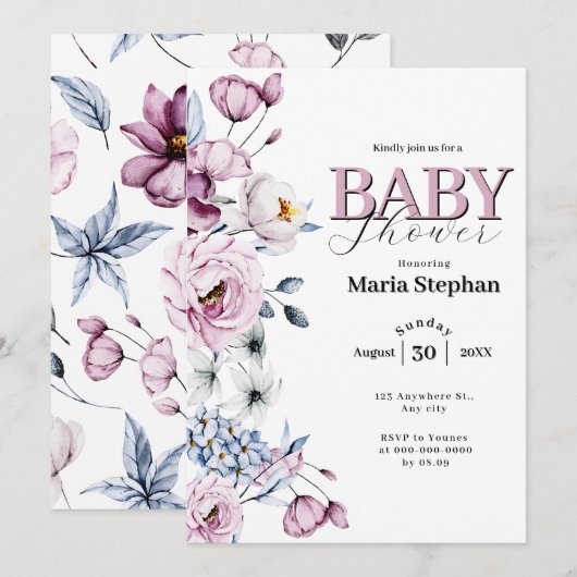 Elegante Waterverf blauw roze Floral Baby shower Kaart (Voorkant / Achterkant)