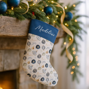 Elegante Waterverf Blauw Wit Bauble Grote Kerstsok