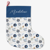 Elegante Waterverf Blauw Wit Bauble Grote Kerstsok (Voorkant)