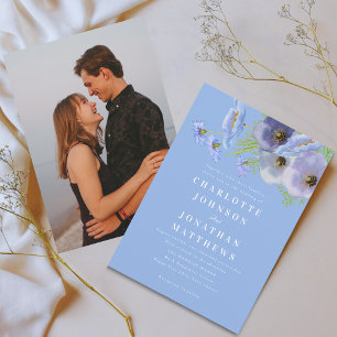 Elegante Waterverf Blauwe Bloem Foto Bruiloft Kaart