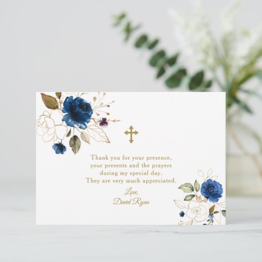 Elegante waterverf blauwe bloem gouden doop bedankkaart (Staand voorkant)