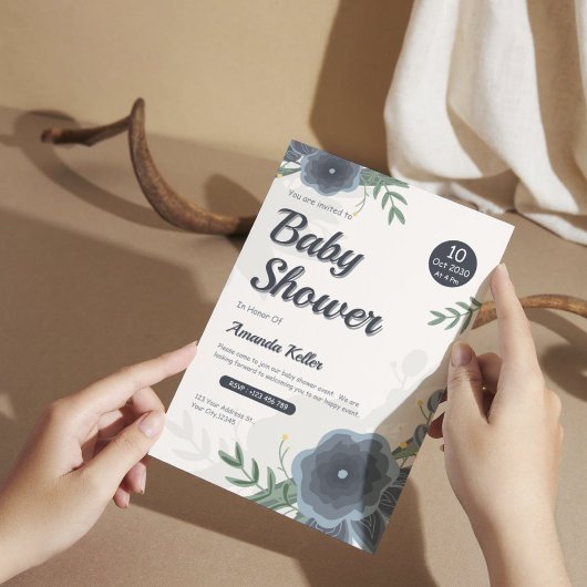 Elegante Waterverf Blauwe Bloemen Baby shower Kaart