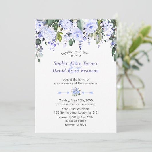 Elegante Waterverf Blauwe Bloemen Bloeiende Trouw Kaart (Staand voorkant)