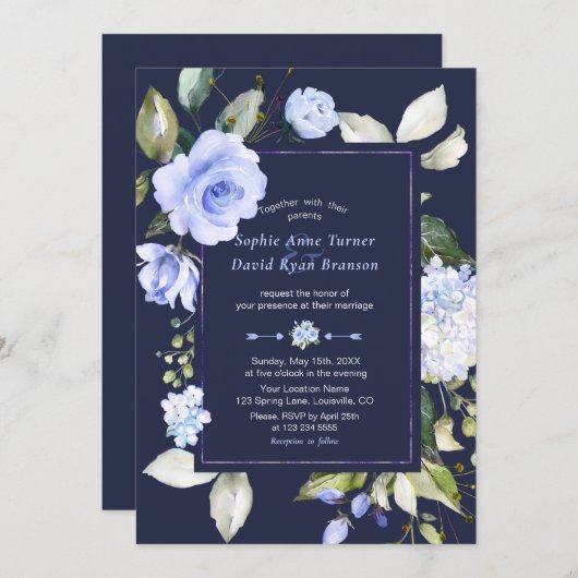 Elegante Waterverf Blauwe Bloemen bruiloft Kaart (Voorkant / Achterkant)