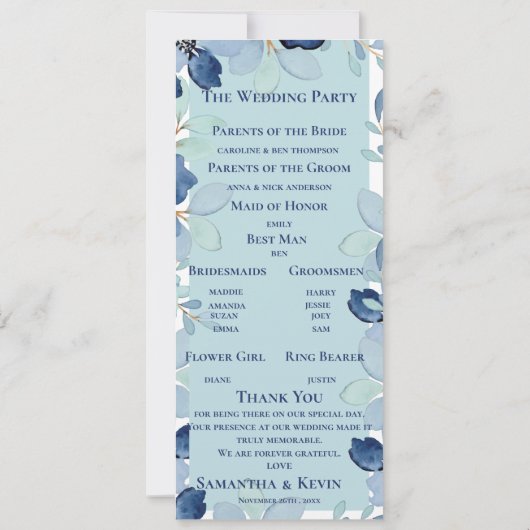 Elegante Waterverf Blauwe Bloemen bruiloft Program Kaart (Achterkant)