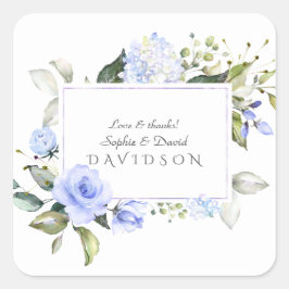 Elegante Waterverf Blauwe Bloemen Frame Bruiloft Vierkante Sticker