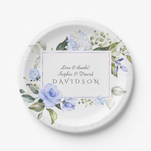 Elegante Waterverf Blauwe Bloemen Frame Huwelijk Papieren Bordje