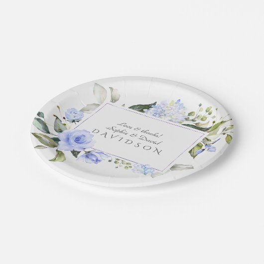 Elegante Waterverf Blauwe Bloemen Frame Huwelijk Papieren Bordje (Gekanteld)