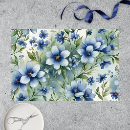 Elegante Waterverf Blauwe bloemen met groene blade Tissuepapier