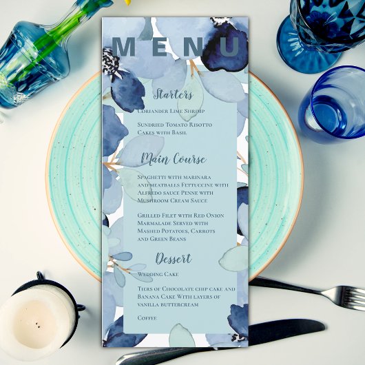 Elegante Waterverf Blauwe Bloemen Trouwfeest Menu