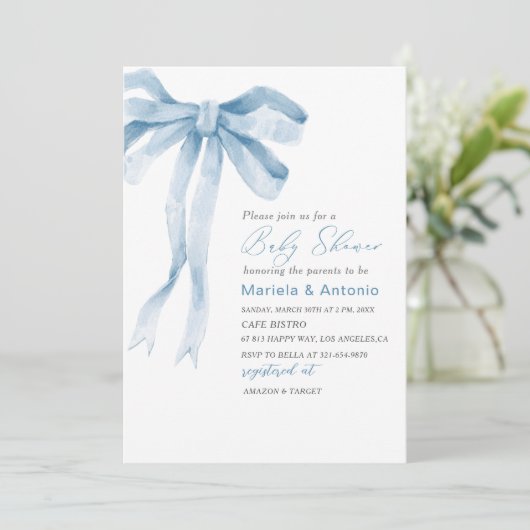 Elegante Waterverf Blauwe Bow Boy Baby shower Kaart (Staand voorkant)