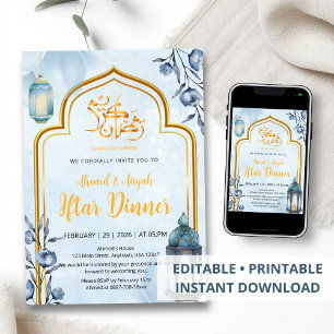 Elegante Waterverf Blauwe en Gouden Lantaarn Iftar Kaart