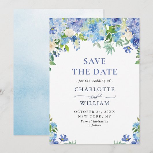 Elegante waterverf blauwe hortensia bloem bruiloft save the date (Voorkant / Achterkant)