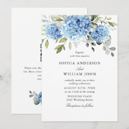Elegante Waterverf Blauwe Hortensia Flora Trouw Kaart