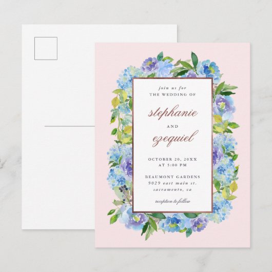 Elegante Waterverf Blauwe Hortensia's Bloemenbruil Uitnodiging Briefkaart (Voorkant / Achterkant)