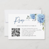 Elegante Waterverf Blauwe Hydrangea Bruiloft QR-co RSVP Kaartje (Voorkant)