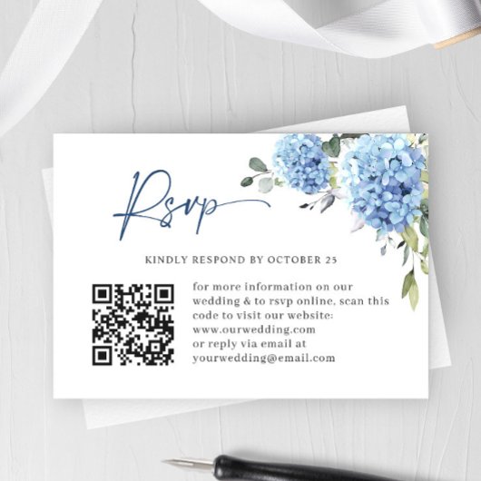 Elegante Waterverf Blauwe Hydrangea Bruiloft QR-co RSVP Kaartje