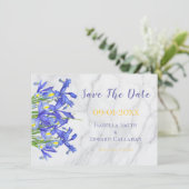 Elegante Waterverf Blauwe Iris Bloem Marmer Save The Date (Staand voorkant)