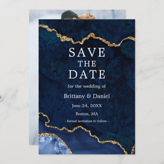 Elegante Waterverf Blauwe Marmer Agate Geode Foto Save The Date (Voorkant / Achterkant)
